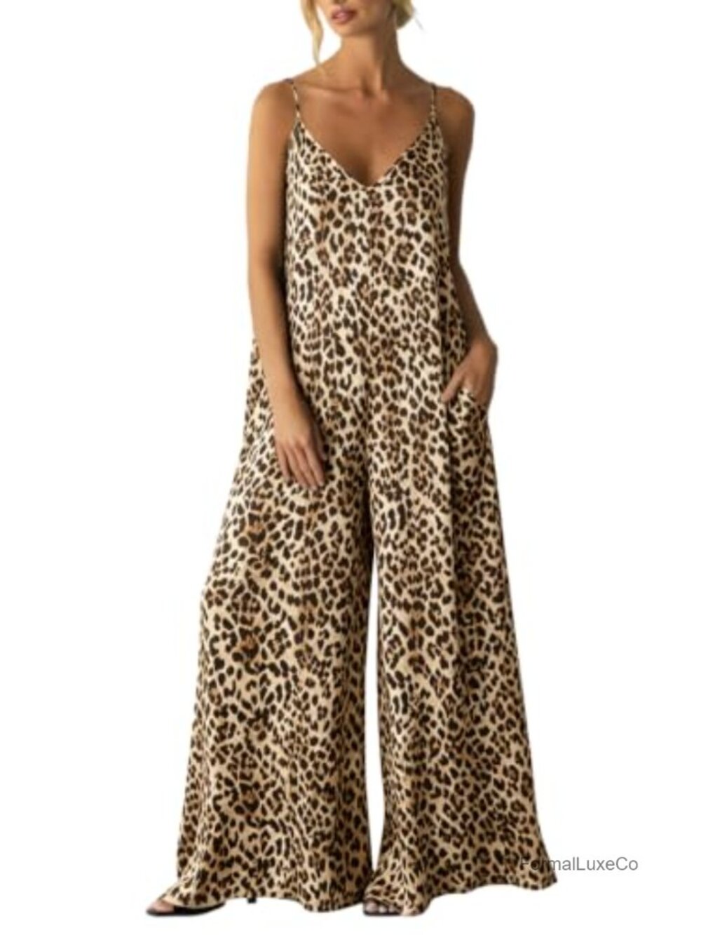 Satin Wide Leg Jumpsuit Adjustable Spaghetti Strap V-Neck Flowy
